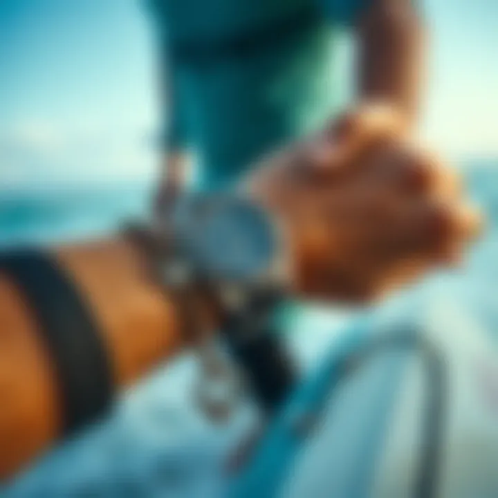 Surfer checking wave conditions with a surf watch on wrist