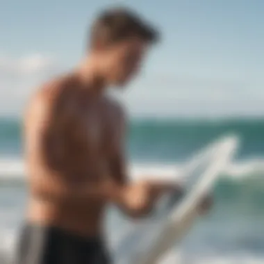 Surfer checking wind conditions before catching a wave