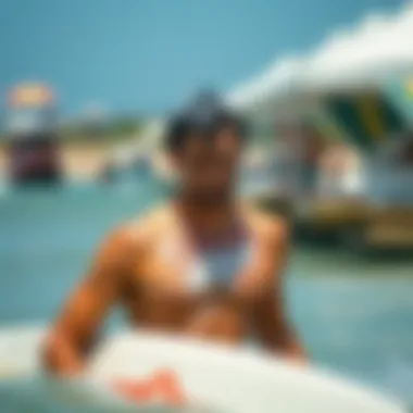 Post-Surf Cleanliness and Refreshment Surfer enjoying a clean rinse after the beach