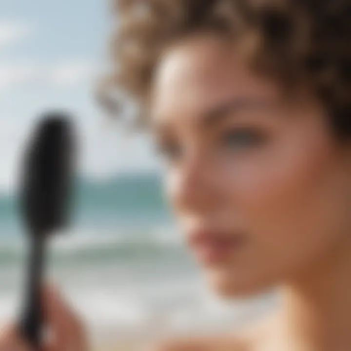 A model applying Surfer Curl Mascara on the beach