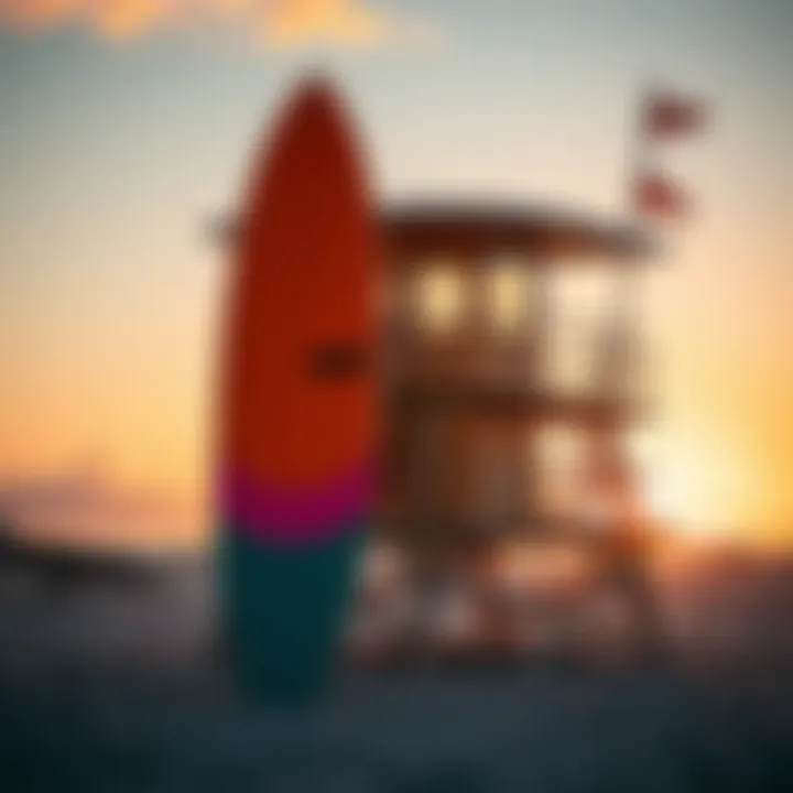 Sunset Serenity and Surf Culture A vibrant surfboard leaning against a lifeguard tower at sunset