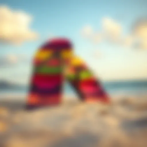 A pair of colorful surfer flip flops on the sandy beach