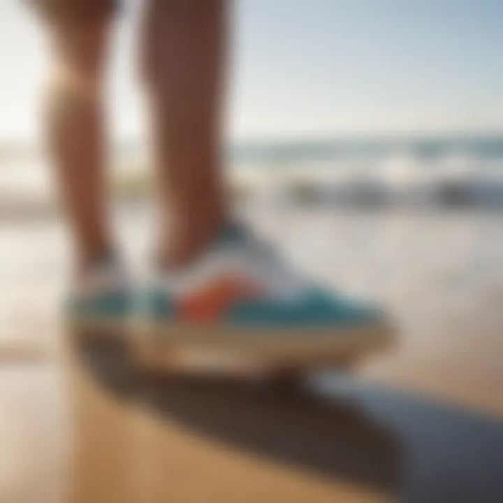 Surfer wearing gum sole skate shoes on a beach