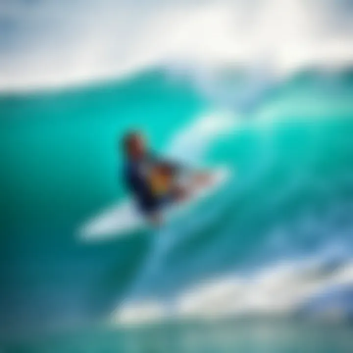 A surfer balancing on a surfboard with a deck pad while riding a wave.