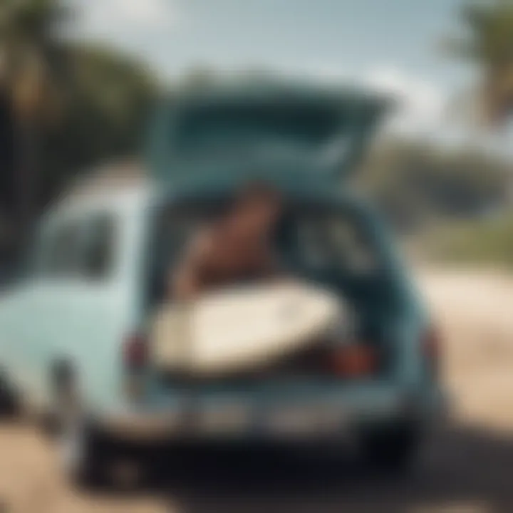 A surfer packing a travel surfboard into a car