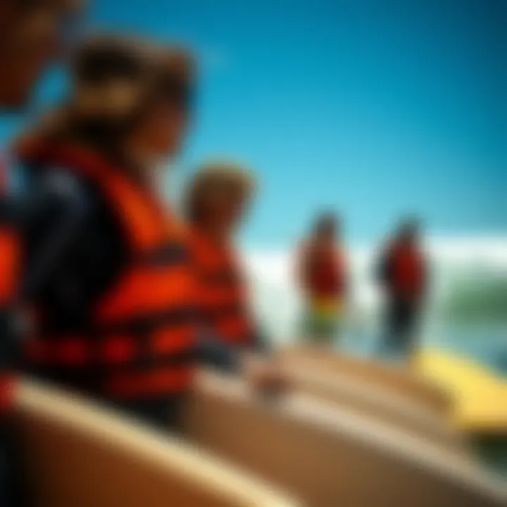 Promoting Safety Culture in Surfing Group of surfers discussing safety measures with life jackets