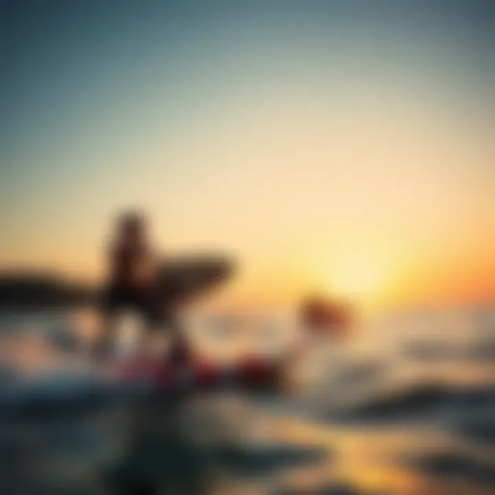 Surfers Embracing the New Wave of Motor Powered Boards An aerial view of surfers enjoying motor powered boards at sunset