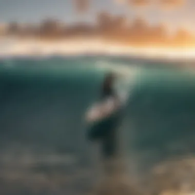 Surfer catching a wave during sunset on Oahu's coastline.