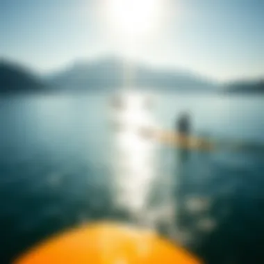 Scenic Lake Surfing Environment A picturesque lake setting with surfers in the background
