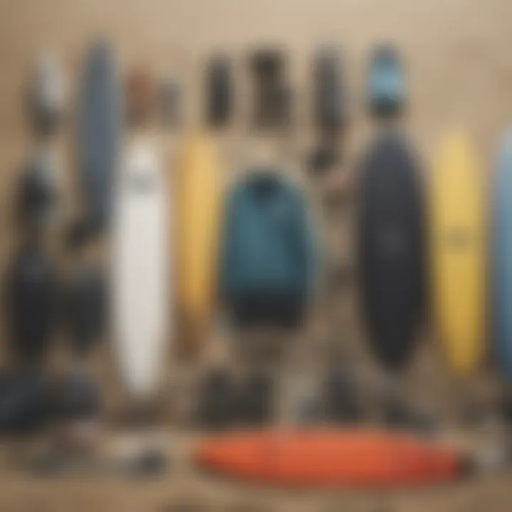 An array of surfing gear laid out, showcasing the essential equipment for surfers.