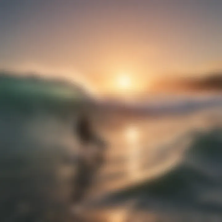 A breathtaking view of surfers catching waves at sunrise