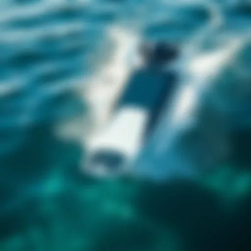 A sleek motorized surfboard gliding over crystal clear waves