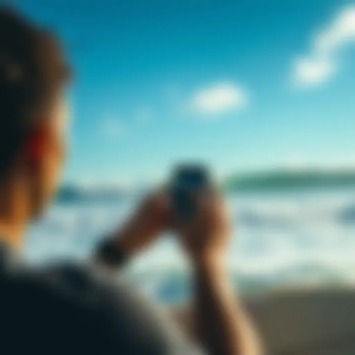 Forecasting the Perfect Ride A surfer checking the surf forecast on a mobile device