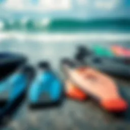 Different types of swim fins displayed on a surface