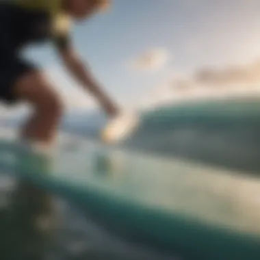 Demonstration of grip application techniques on a surfboard