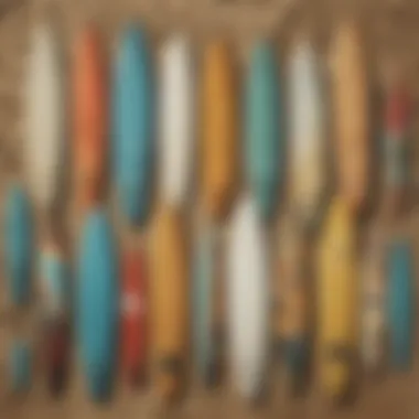 Surfboards lined up on the sandy beach, showcasing various designs