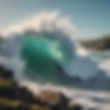 A dynamic wave crashing against a rocky shoreline in the Bay Area