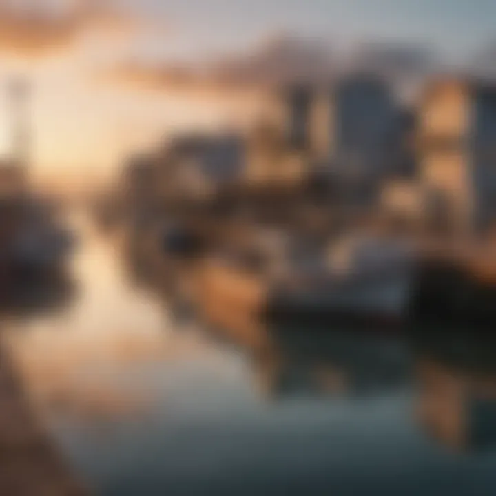 Coastal infrastructure with boats docked at sunset