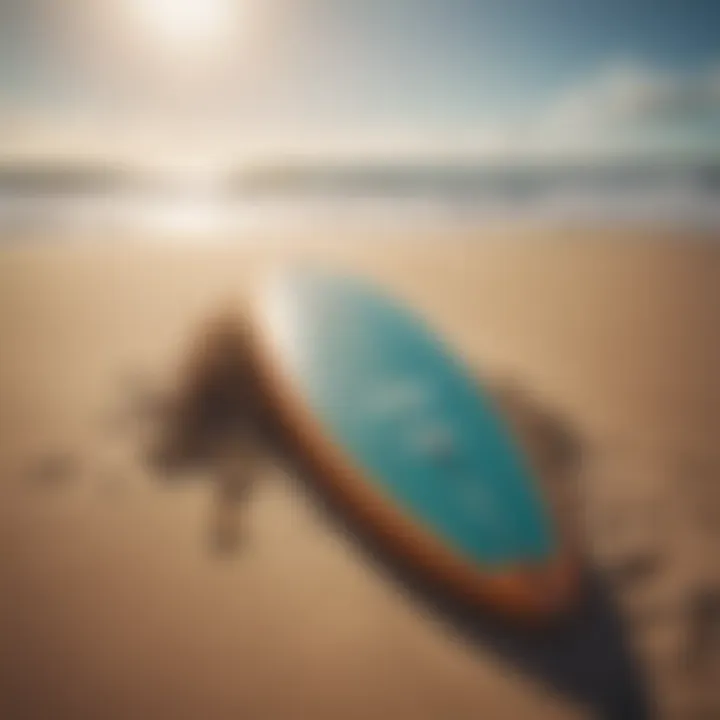 Surfboard resting on sandy beach with waves crashing