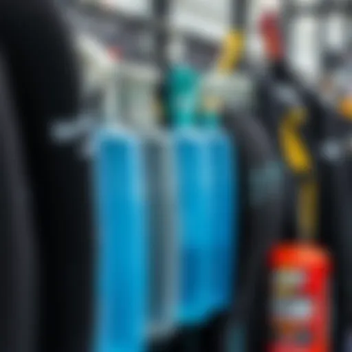 A collection of various wetsuit cleaners on display.