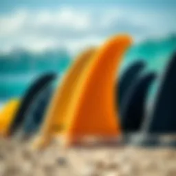 Different types of surfboard fins arranged for comparison