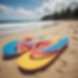 A pair of colorful flip flops resting on a sandy beach