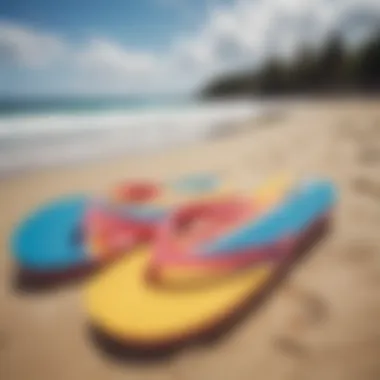 A pair of colorful flip flops resting on a sandy beach