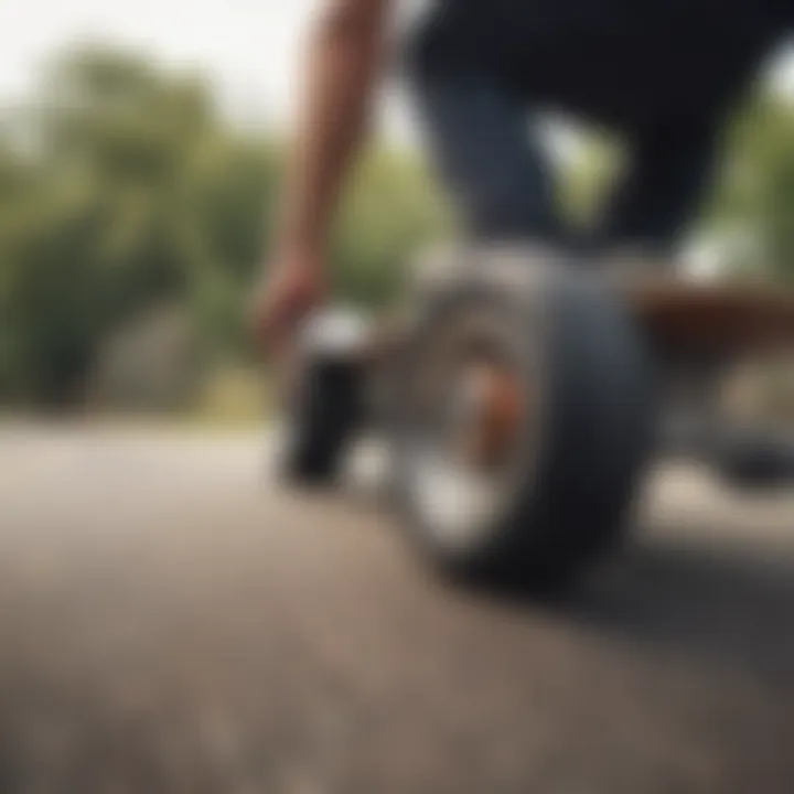 Close-up of skateboard wheels in motion during an ollie.