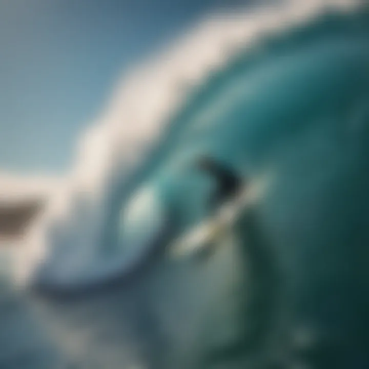 A surfer riding a wave with a stunning ocean backdrop