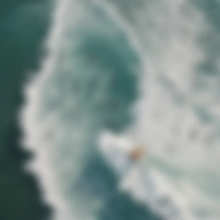 Aerial view of surfers catching waves