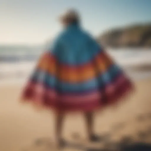 Colorful surfing ponchos displayed on a beach