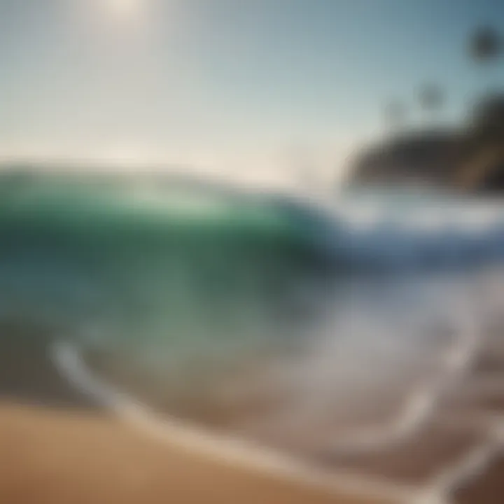 A tranquil beach scene with gentle waves lapping against the shore