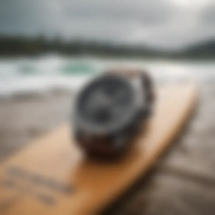 Tide Graph Watch on a Surfboard Close-up of a tide graph watch on a surfboard