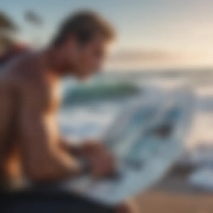 Surfer Monitoring Tide Conditions Surfing enthusiast checking tide graph watch by the ocean