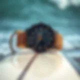 Stylish Tide Watch on Surfboard A stylish tide watch displayed on a surfboard