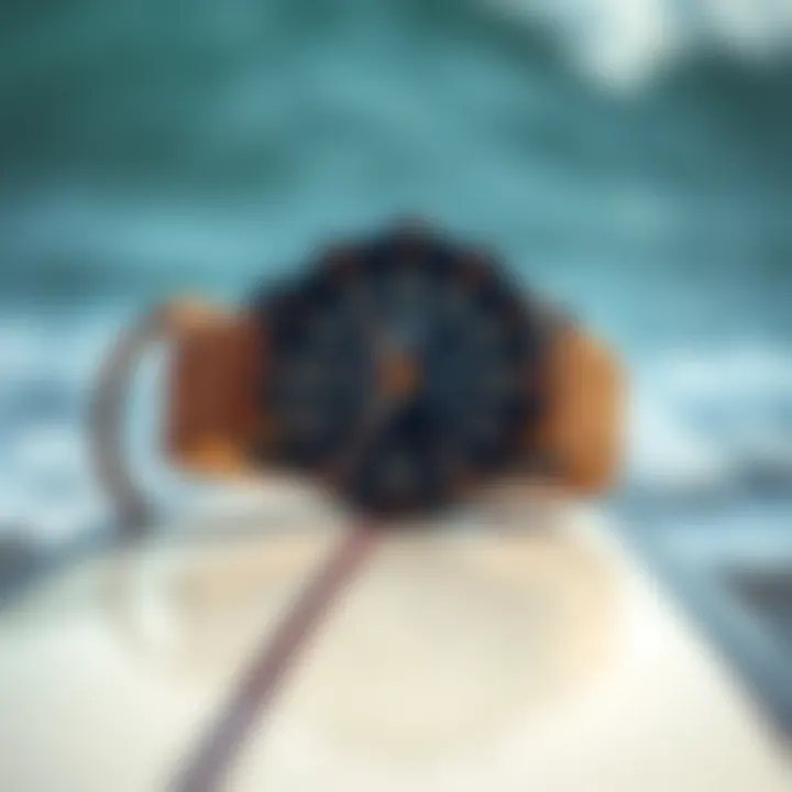 Stylish Tide Watch on Surfboard A stylish tide watch displayed on a surfboard