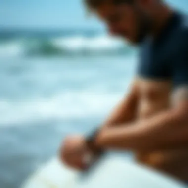 Surfer Checking Tide Watch on the Beach A surfer checking the tide watch while on the beach