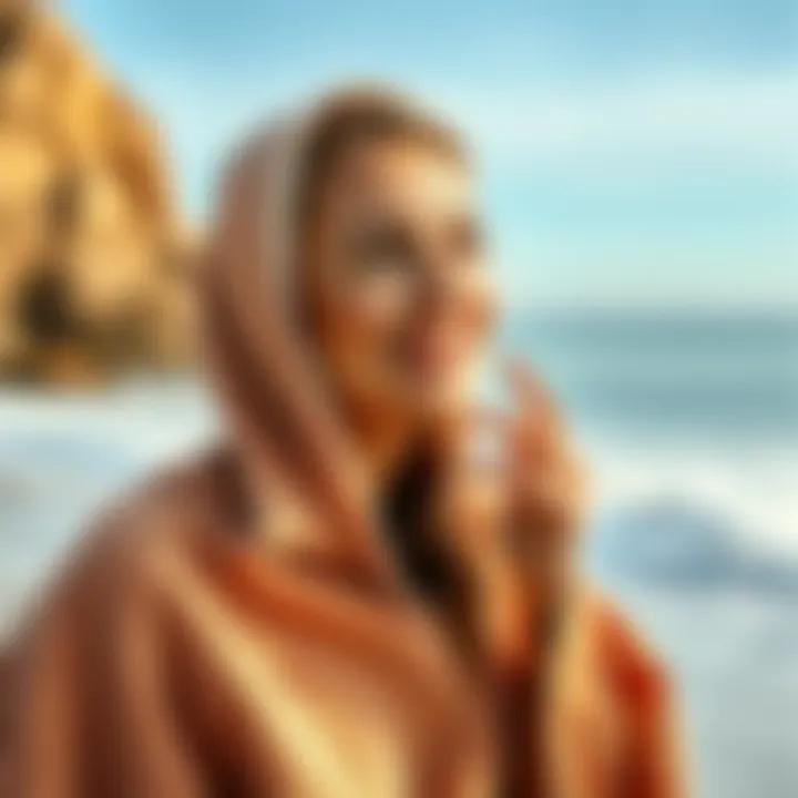 Woman enjoying the ocean breeze in a towelling poncho
