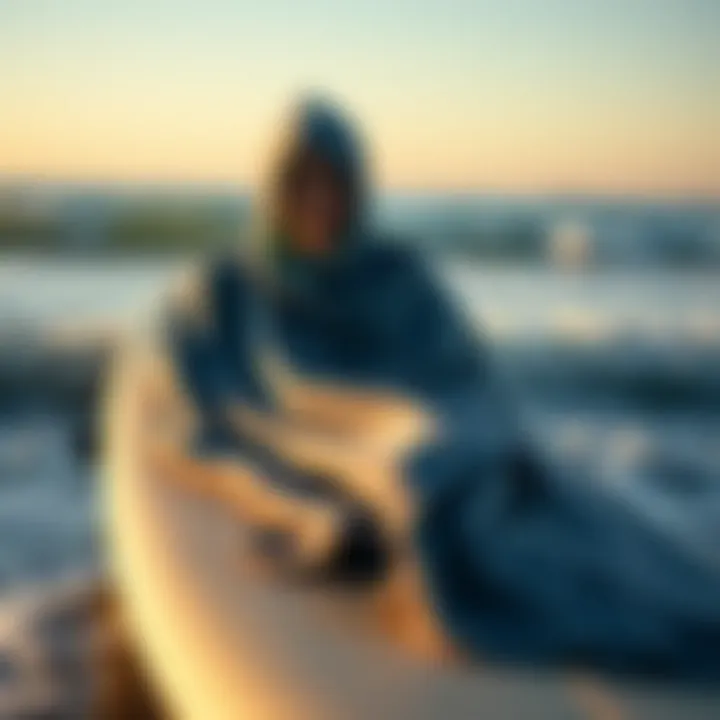 Stylish towelling poncho draped on a surfboard