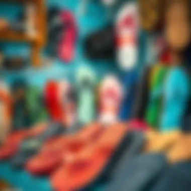 Collection of trendy flip flops displayed in a surf shop