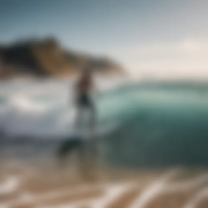 A vibrant beach scene with surfers enjoying the waves, highlighting the need for hydration.