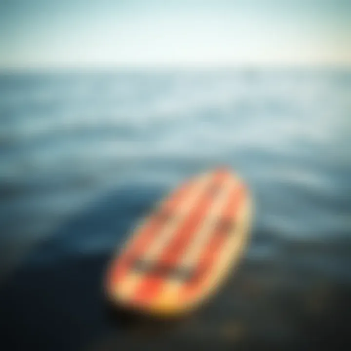 Warning Sign: Abandoned Surfboard Calm water with surfboard floating