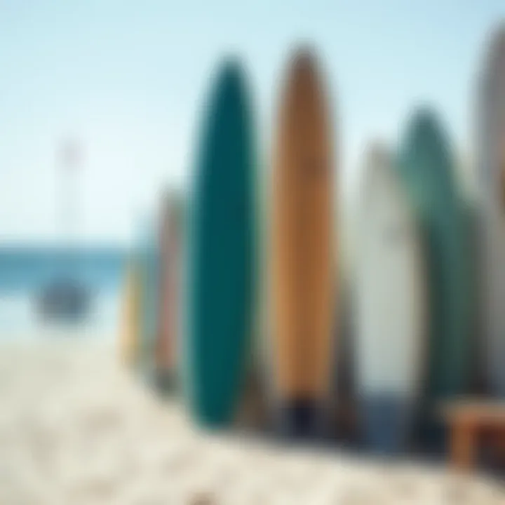 An array of surfboards of different sizes on a sunny beach