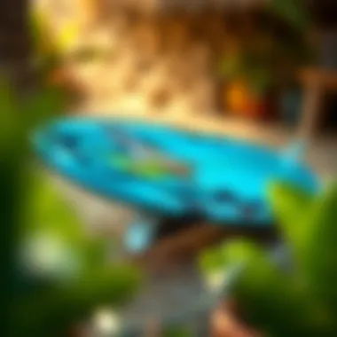 Artistic surfboard showcasing Kona Surf Blue design elements