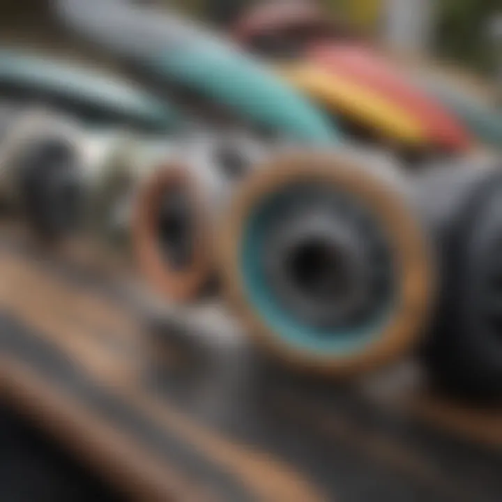 Close-up view of wheel materials used in longboarding, highlighting urethane and nylon