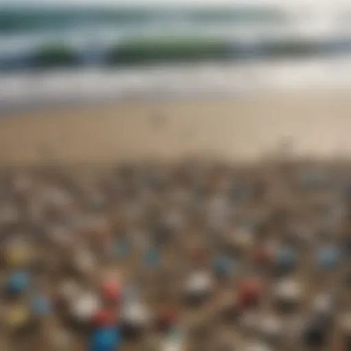 A scenic view of a beach littered with plastic debris, illustrating the impact of pollution on coastal environments.