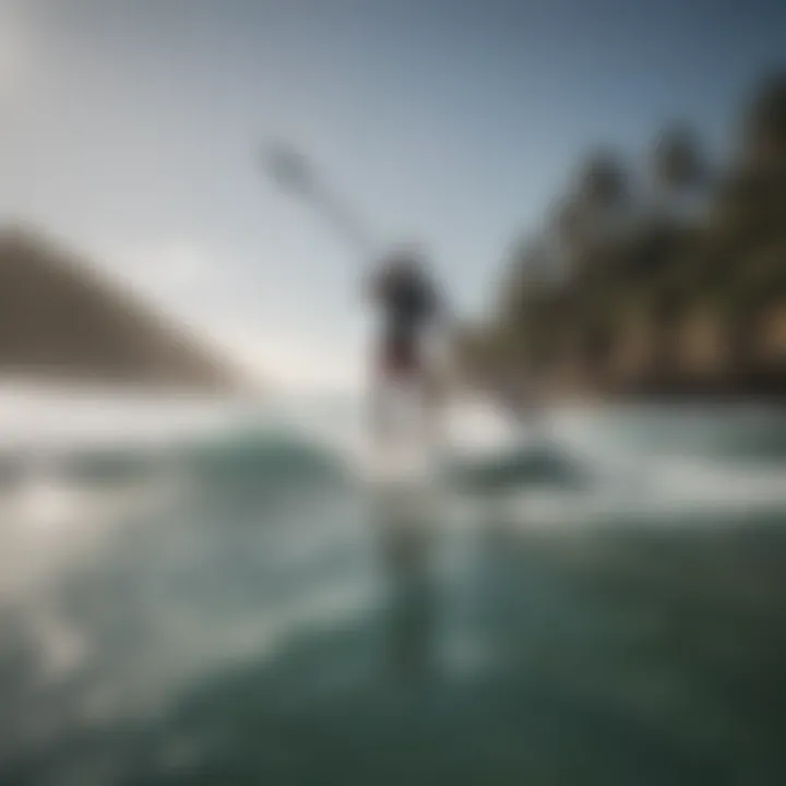 A skilled paddle boarder demonstrating balance and control on the water.