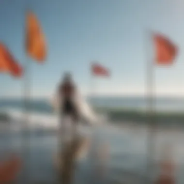 Surfer observing flag signals before entering the water