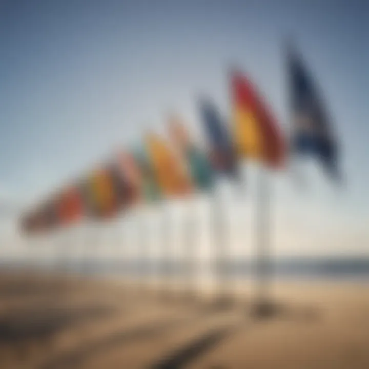 Different types of surf flags displayed in a row