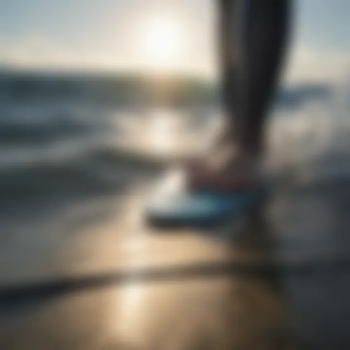 Detailed view of a swim fin with a leash attached
